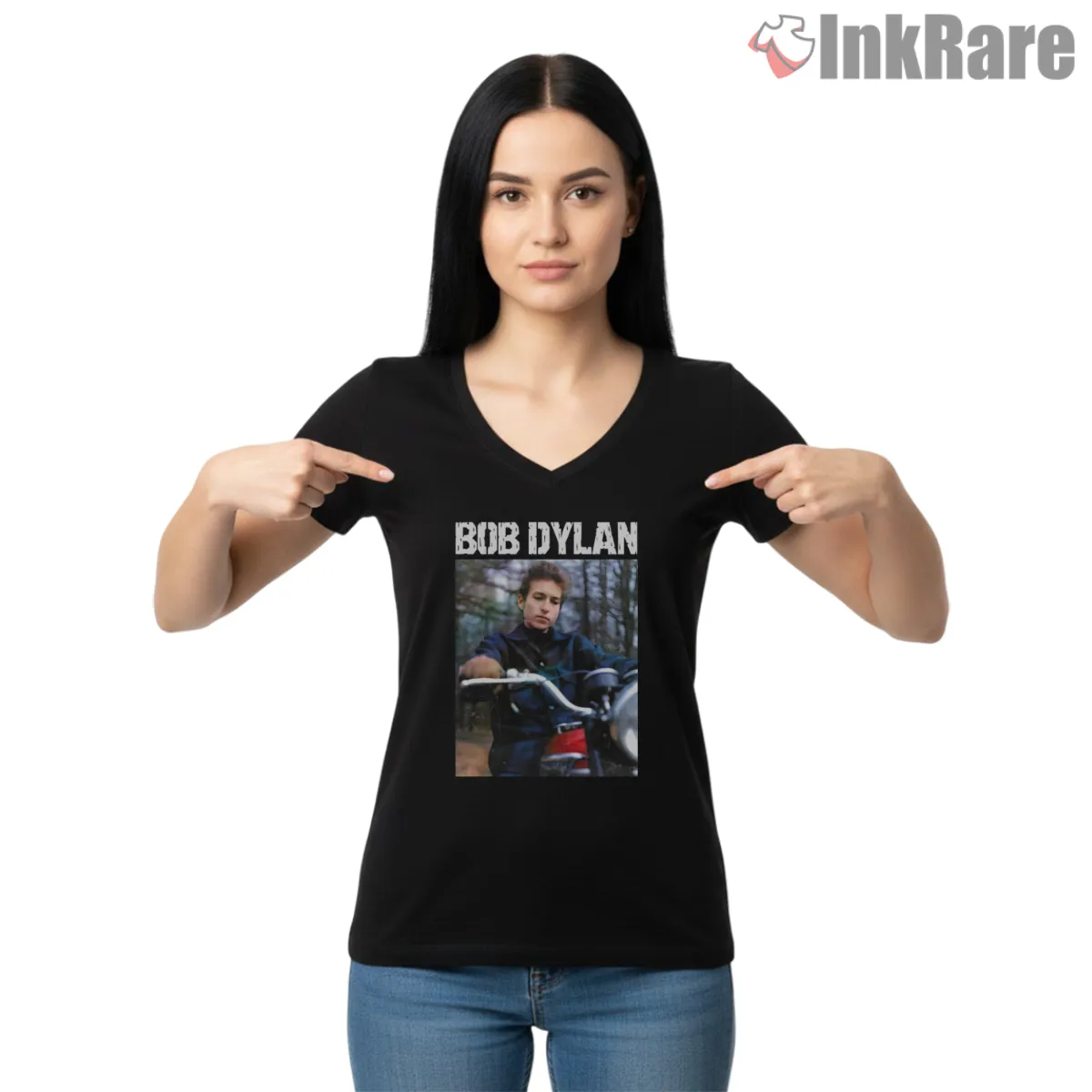 Bob Dylan Classic Rider Forest Portrait V Neck Black Bob Dylan Classic Rider Forest Portrait Shirt on black v-neck shirt for women graphic tee