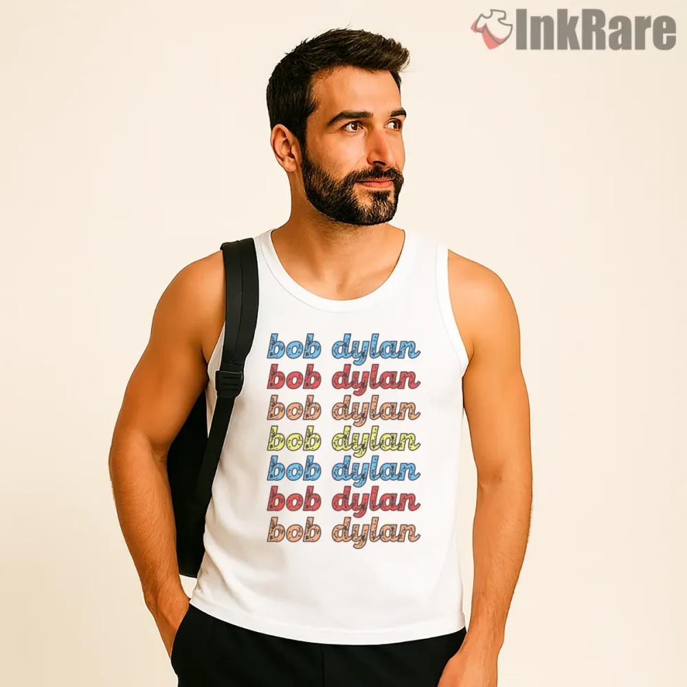 Bob Dylan Colorful Retro Name Repeat Shirt on white tank top for men graphic tee