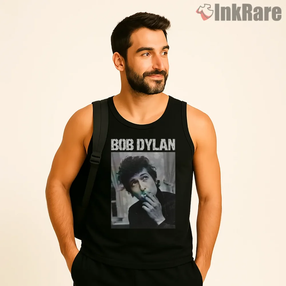 Bob Dylan Cool Smoke Portrait Shirt on black tank top for men graphic tee