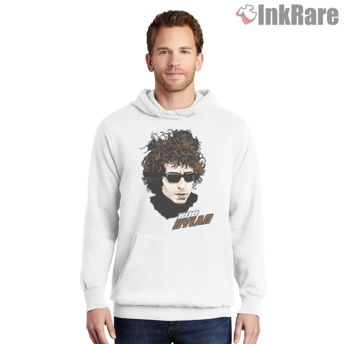 Bob Dylan Curly Hair Sunglasses Graphic Hoodie White Bob Dylan Curly Hair Sunglasses Graphic Shirt on white hoodie for men graphic tee