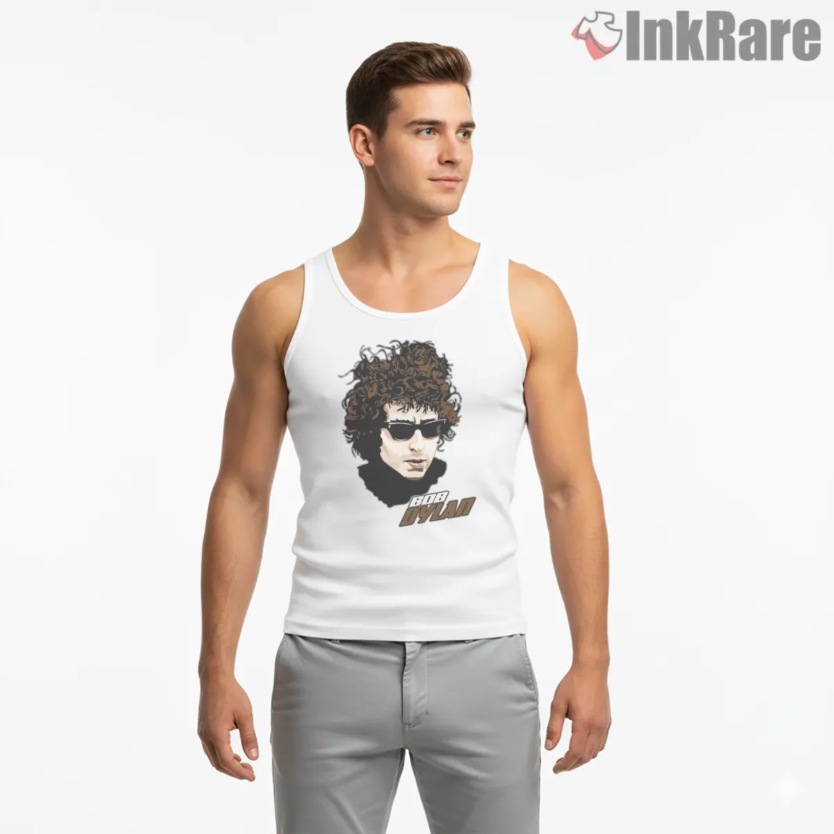 Bob Dylan Curly Hair Sunglasses Graphic Tank Top White Bob Dylan Curly Hair Sunglasses Graphic Shirt on white tank top for men graphic tee