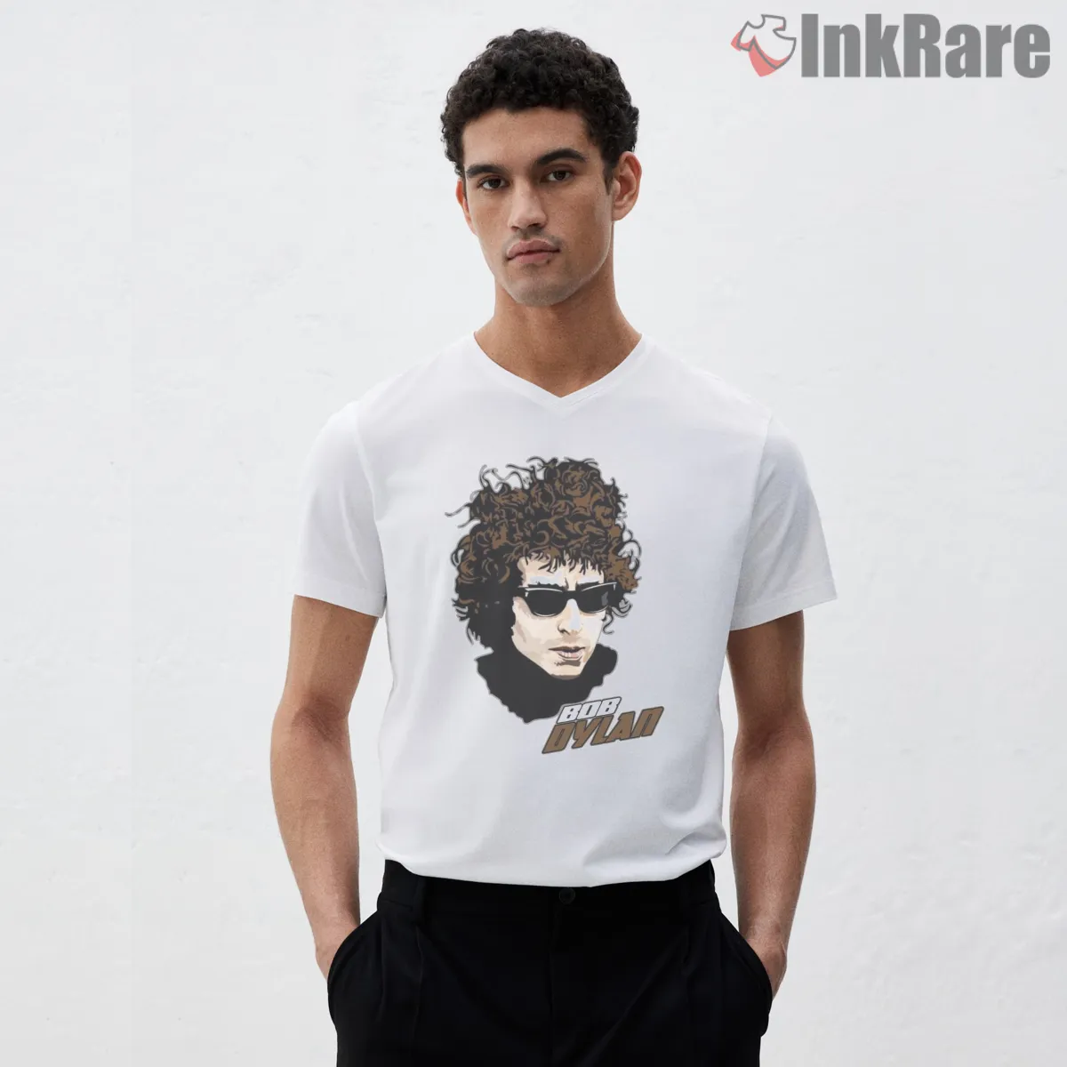 Bob Dylan Curly Hair Sunglasses Graphic Shirt on white v-neck shirt for men graphic tee