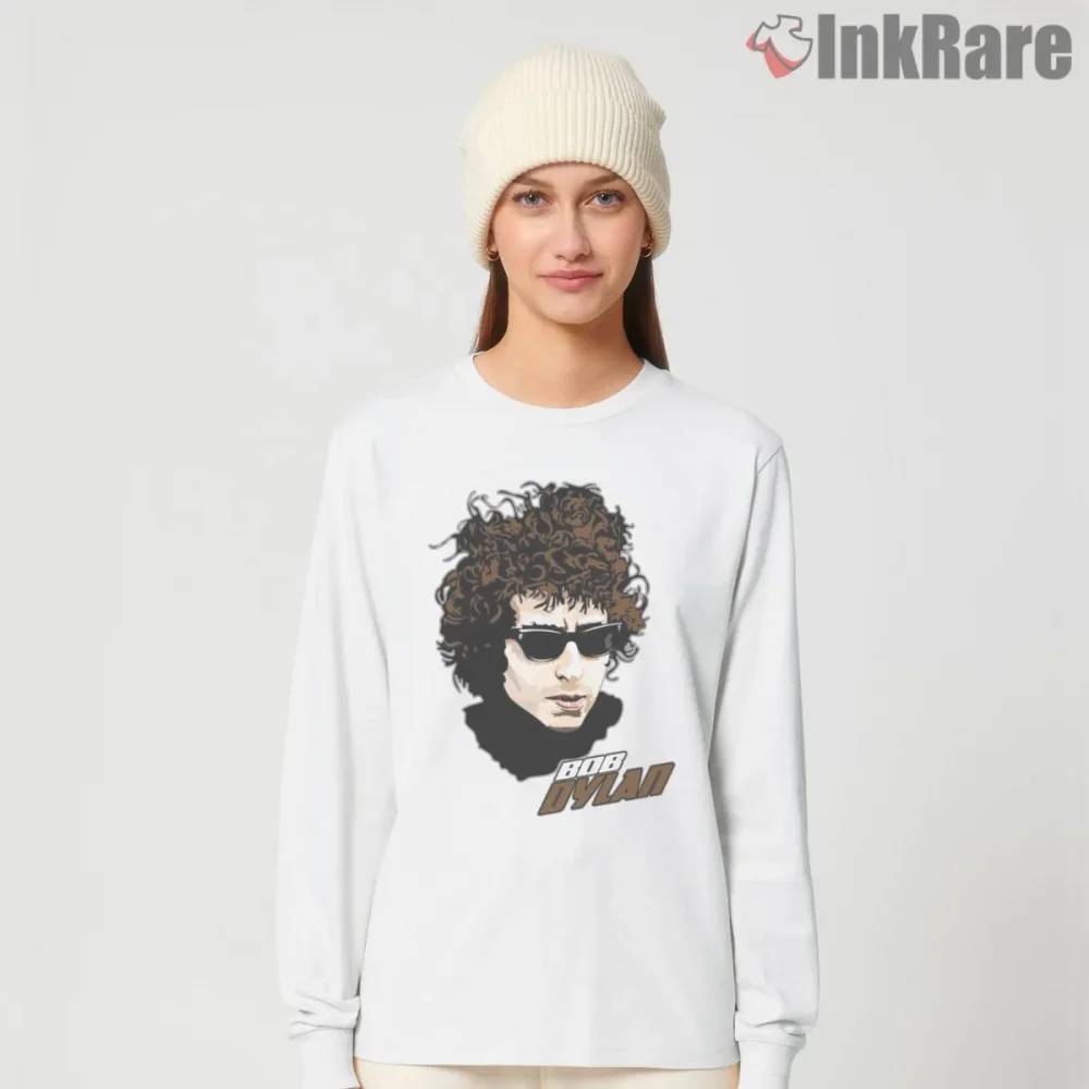 Bob Dylan Curly Hair Sunglasses Graphic Shirt on white long sleeve shirt for women graphic tee