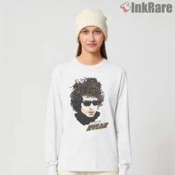 Bob Dylan Curly Hair Sunglasses Graphic Shirt on white long sleeve shirt for women graphic tee