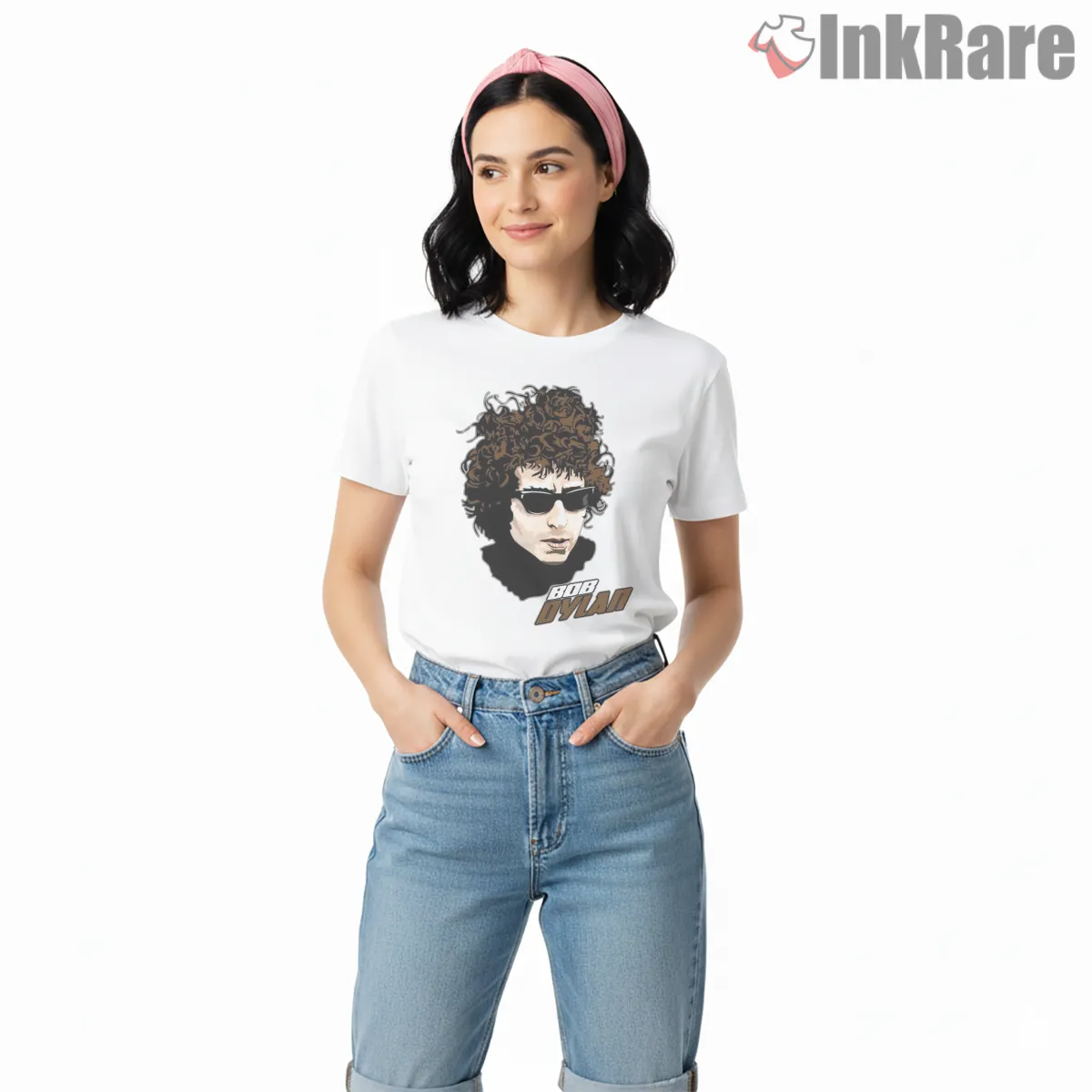 Bob Dylan Curly Hair Sunglasses Graphic Short Sleeve White Bob Dylan Curly Hair Sunglasses Graphic Shirt on white short sleeve shirt for women graphic tee