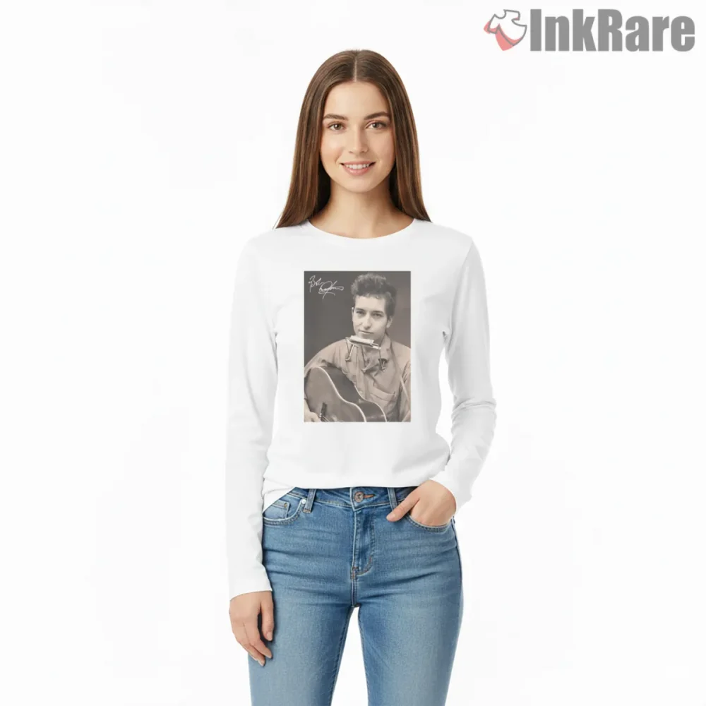 Bob Dylan Early Years Acoustic Portrait Shirt on white long sleeve shirt for women graphic tee