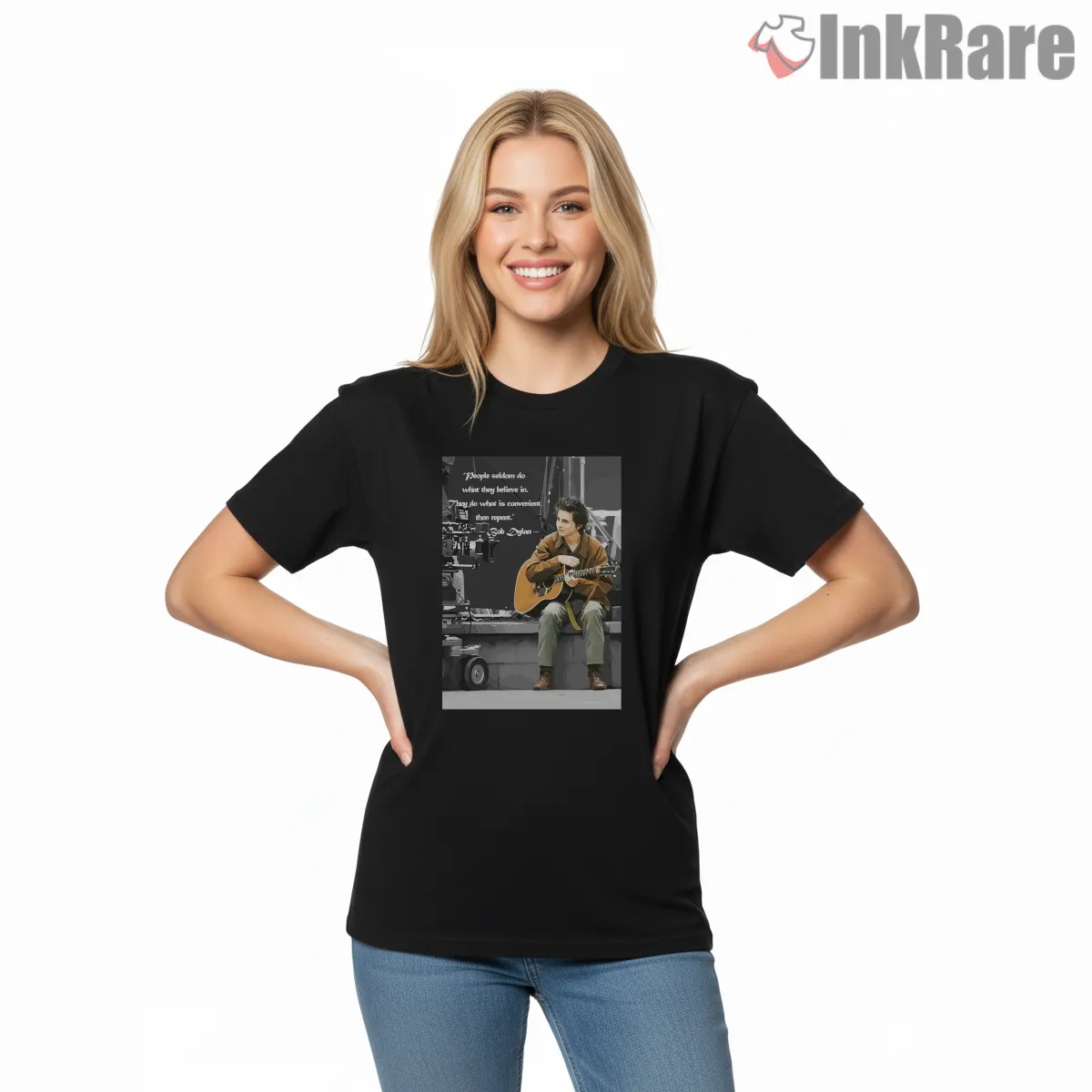 Bob Dylan Eighties Quote Acoustic Portrait Short Sleeve Black Bob Dylan Eighties Quote Acoustic Portrait Shirt on black short sleeve shirt for women graphic tee