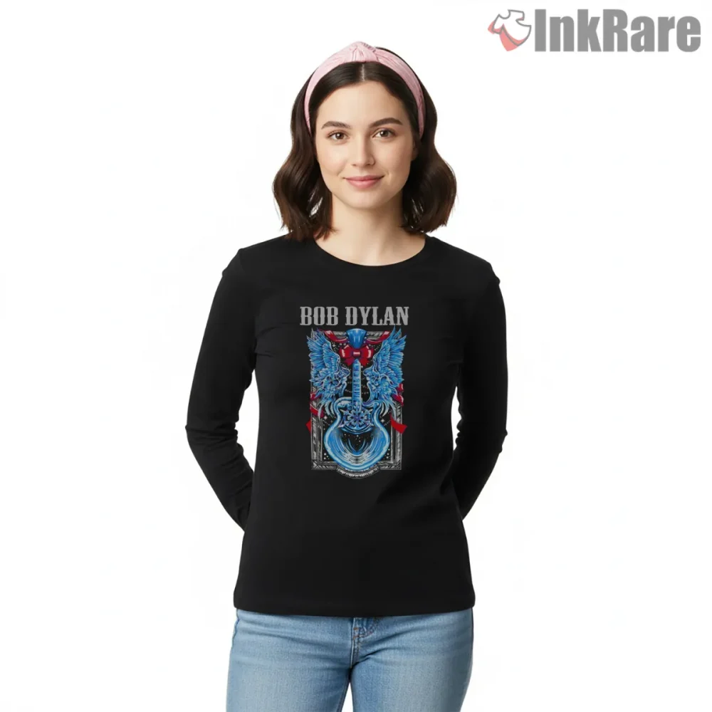 Bob Dylan Festive Guitar Graphic Tribute Shirt on black long sleeve shirt for women graphic tee