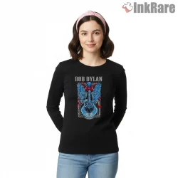 Bob Dylan Festive Guitar Graphic Tribute Shirt on black long sleeve shirt for women graphic tee