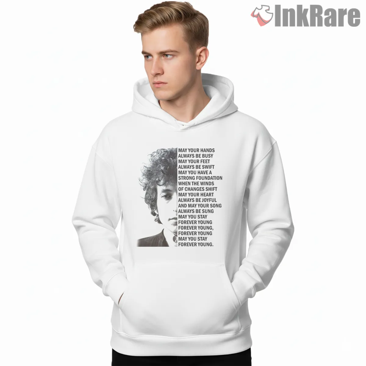 Bob Dylan Forever Young Lyric Portrait Shirt on white hoodie for men graphic tee