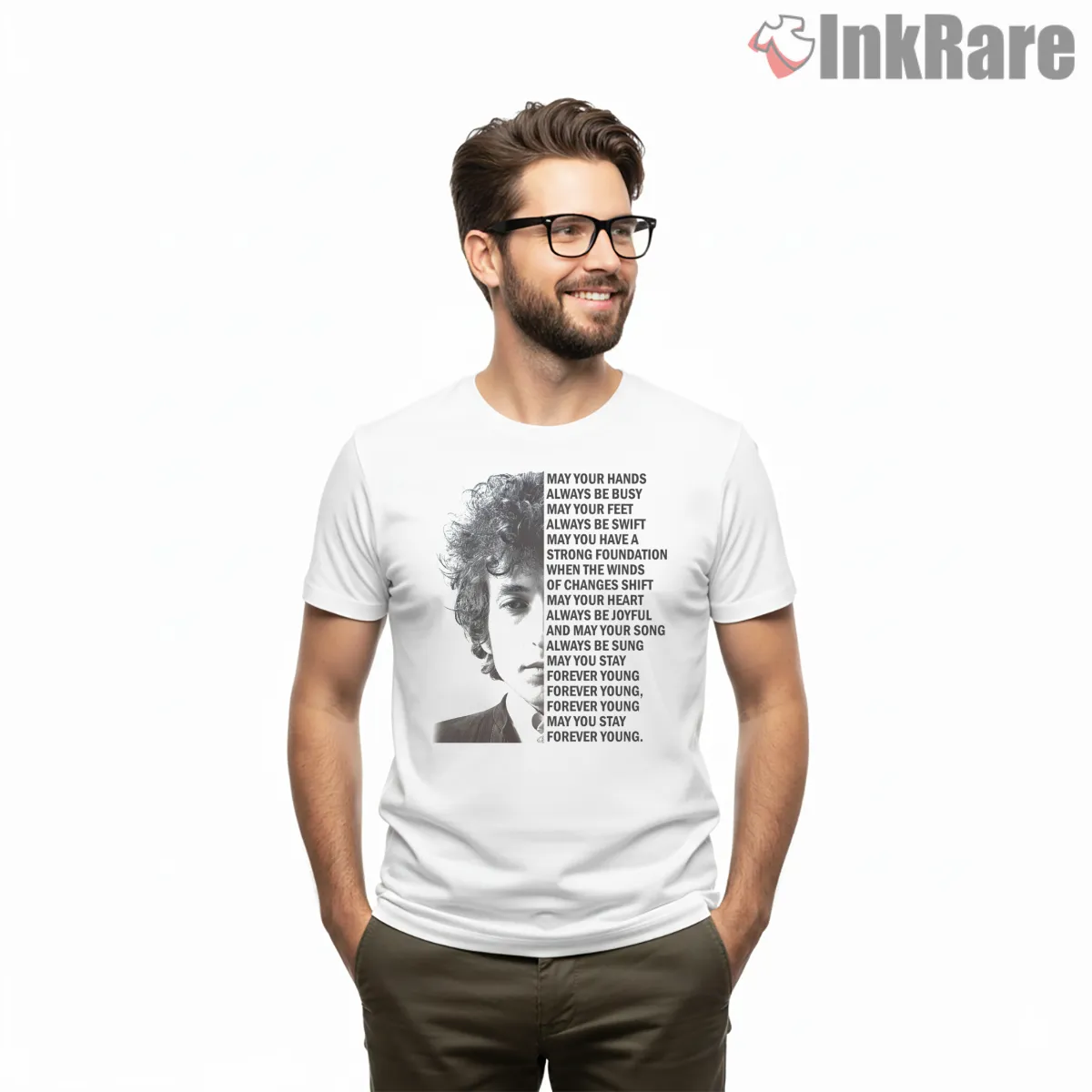 Bob Dylan Forever Young Lyric Portrait Short Sleeve White Bob Dylan Forever Young Lyric Portrait Shirt on white short sleeve shirt for men graphic tee