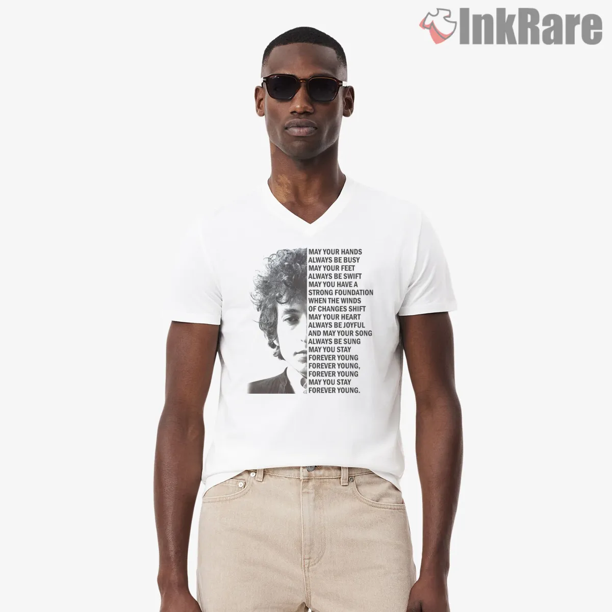 Bob Dylan Forever Young Lyric Portrait V Neck White Bob Dylan Forever Young Lyric Portrait Shirt on white v-neck shirt for men graphic tee