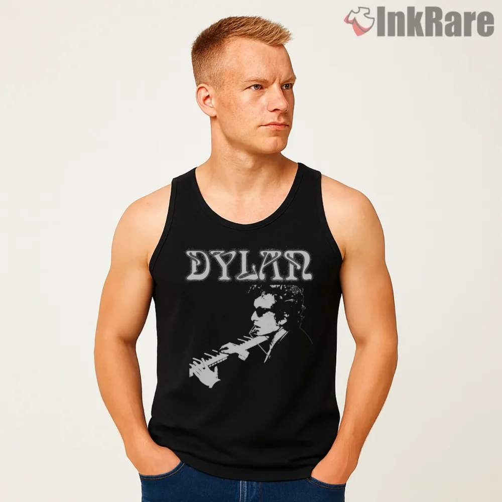 Bob Dylan Harmonica Classic Rock Silhouette Shirt on black tank top for men graphic tee