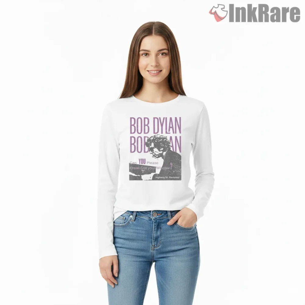 Bob Dylan Highway 61 Revisited Typography Shirt on white long sleeve shirt for women graphic tee
