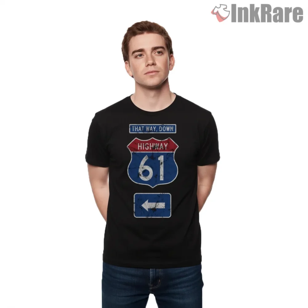 Bob Dylan Highway 61 Road Sign Graphic Shirt on black short sleeve shirt for men graphic tee