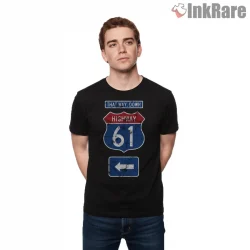 Bob Dylan Highway 61 Road Sign Graphic Shirt on black short sleeve shirt for men graphic tee