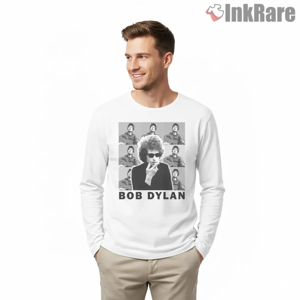 Bob Dylan Iconic Portrait Grid Collage Shirt on white long sleeve shirt for men graphic tee