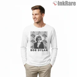 Bob Dylan Iconic Portrait Grid Collage Shirt on white long sleeve shirt for men graphic tee