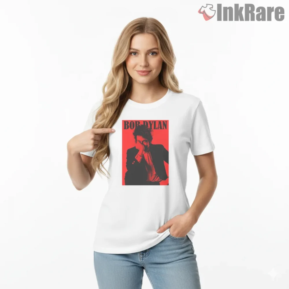 Bob Dylan Intense Red Classic Portrait Shirt on white short sleeve shirt for women graphic tee
