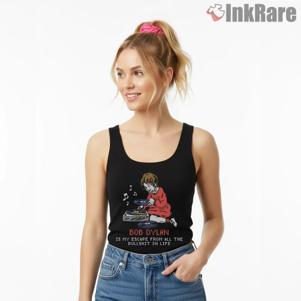 Bob Dylan Is My Escape Retro Cartoon Shirt on black tank top for women graphic tee