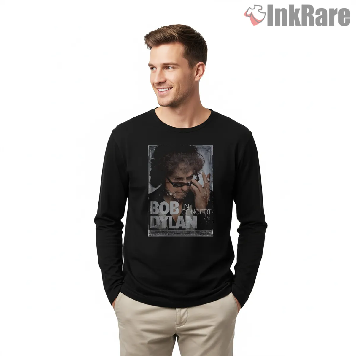 Bob Dylan Live In Concert Grunge Poster Long Sleeve Black Bob Dylan Live In Concert Grunge Poster Shirt on black long sleeve shirt for men graphic tee