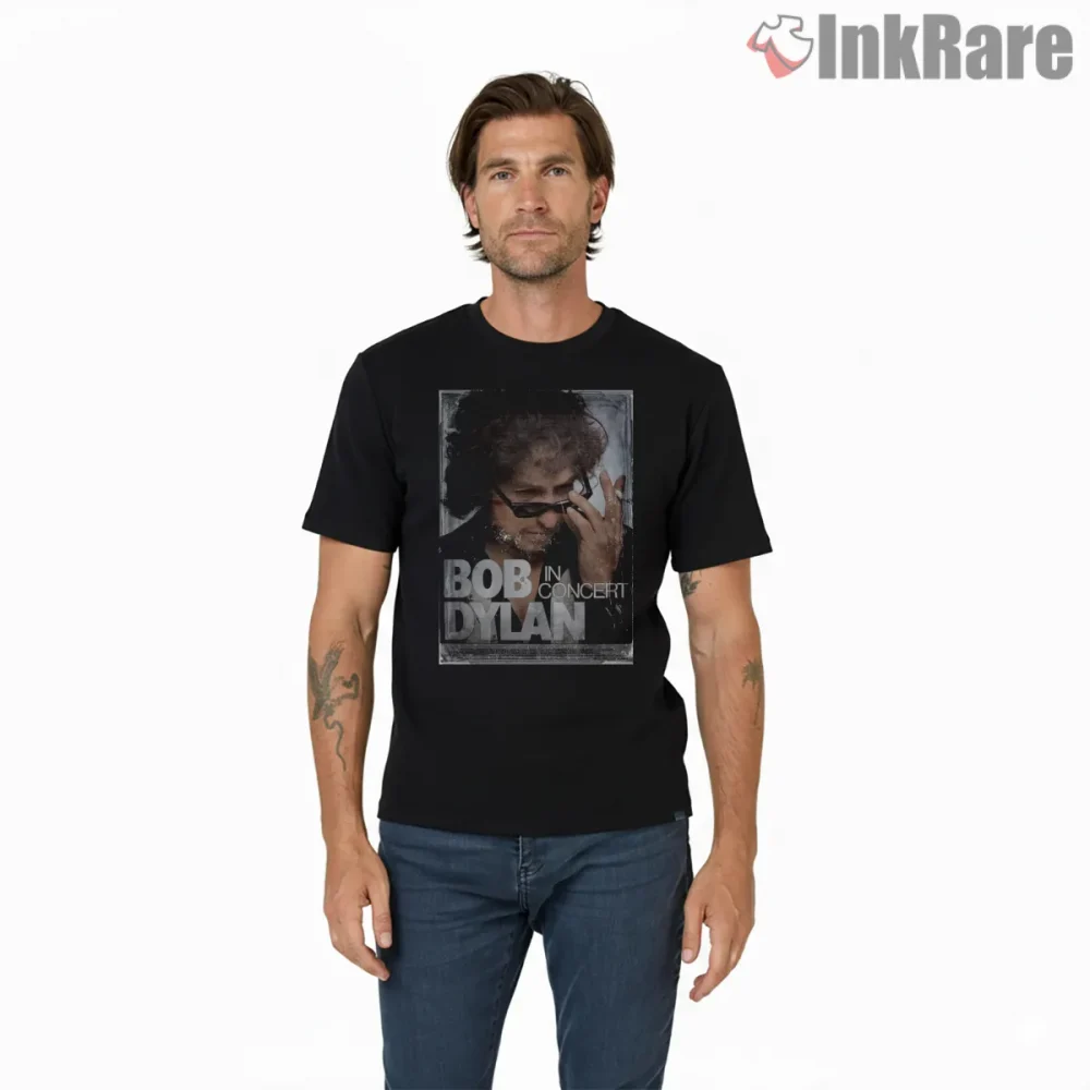 Bob Dylan Live In Concert Grunge Poster Shirt on black short sleeve shirt for men graphic tee