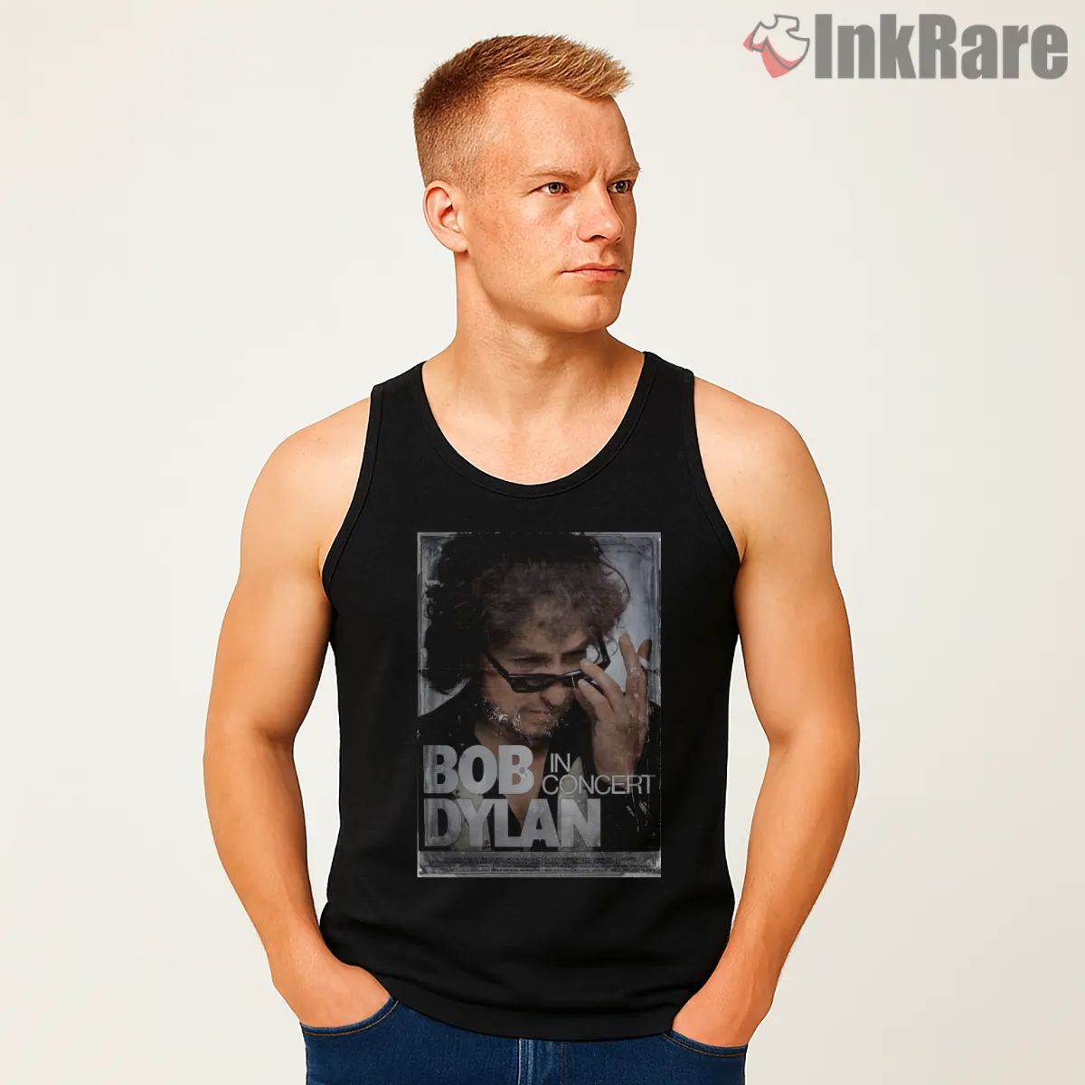 Bob Dylan Live In Concert Grunge Poster Shirt on black tank top for men graphic tee