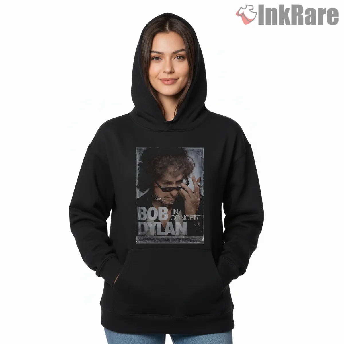 Bob Dylan Live In Concert Grunge Poster Hoodie Black Bob Dylan Live In Concert Grunge Poster Shirt on black hoodie for women graphic tee