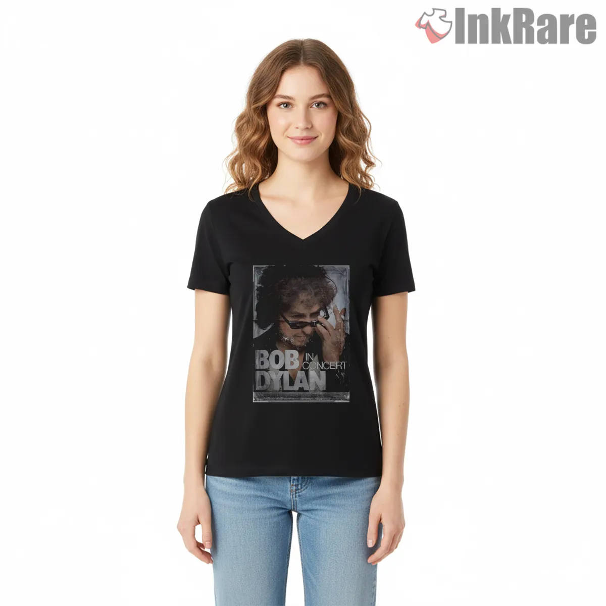 Bob Dylan Live In Concert Grunge Poster V Neck Black Bob Dylan Live In Concert Grunge Poster Shirt on black v-neck shirt for women graphic tee