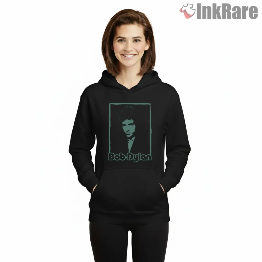 Bob Dylan Minimal Neon Outline Portrait Shirt on black hoodie for women graphic tee