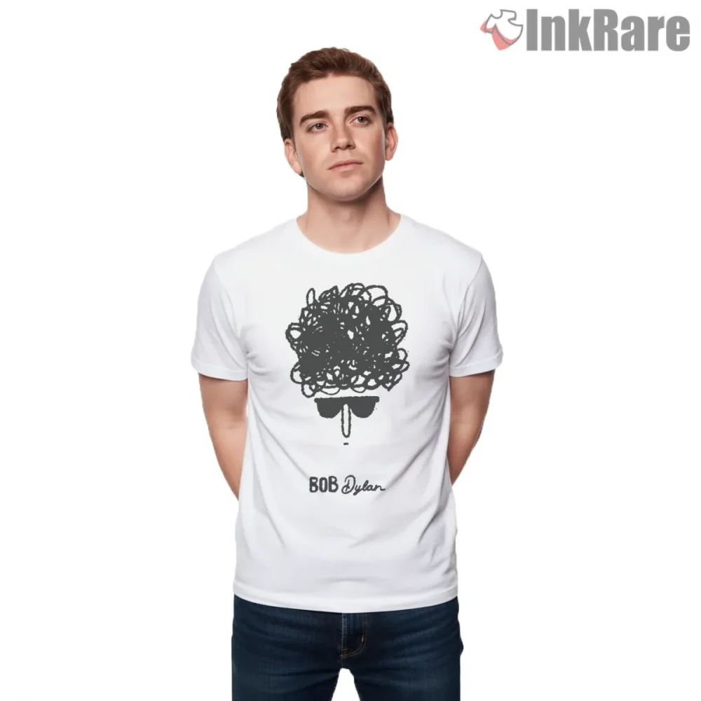 Bob Dylan Minimalist Scribble Hair Portrait Shirt on white short sleeve shirt for men graphic tee