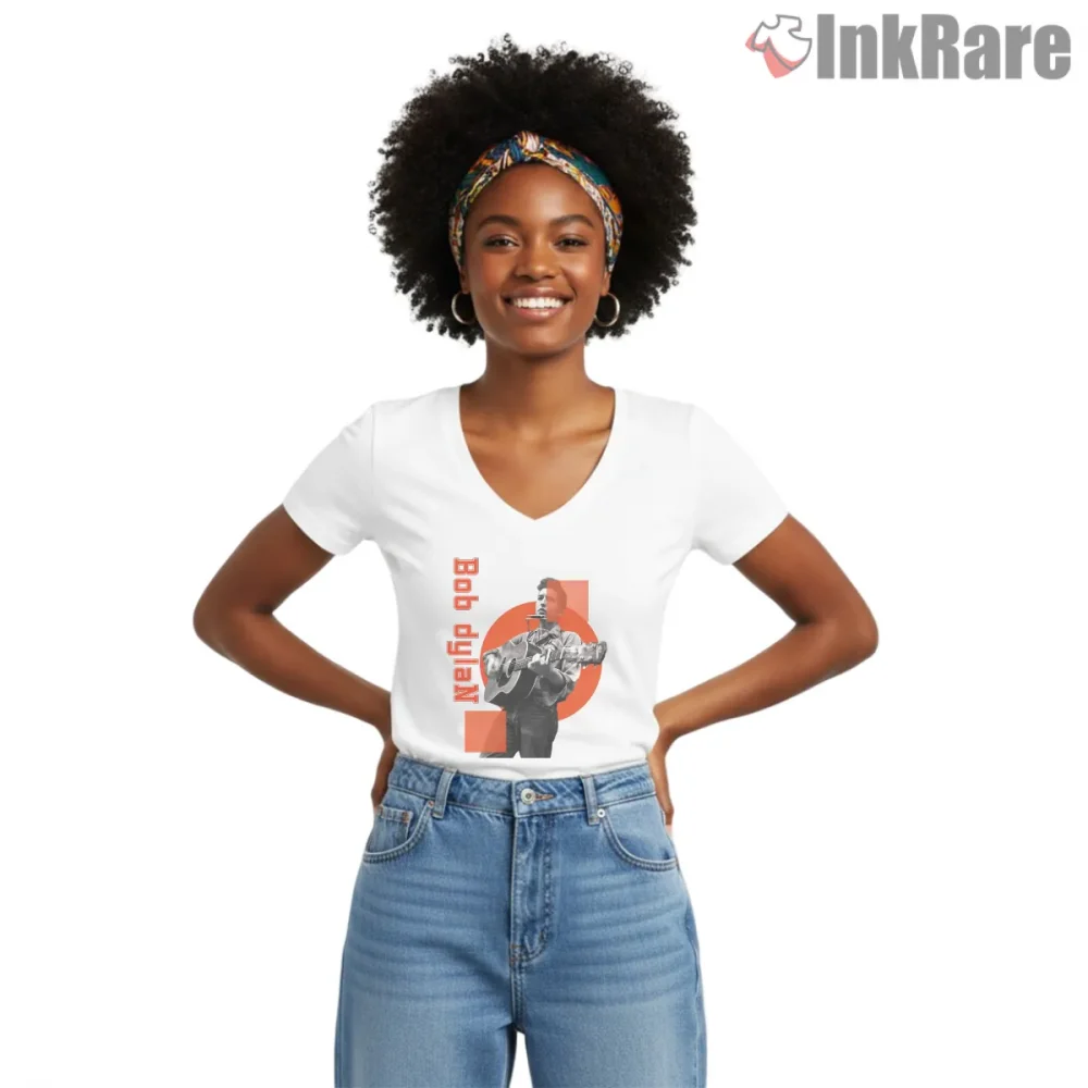 Bob Dylan Modern Orange Sunburst Guitar Shirt on white v-neck shirt for women graphic tee