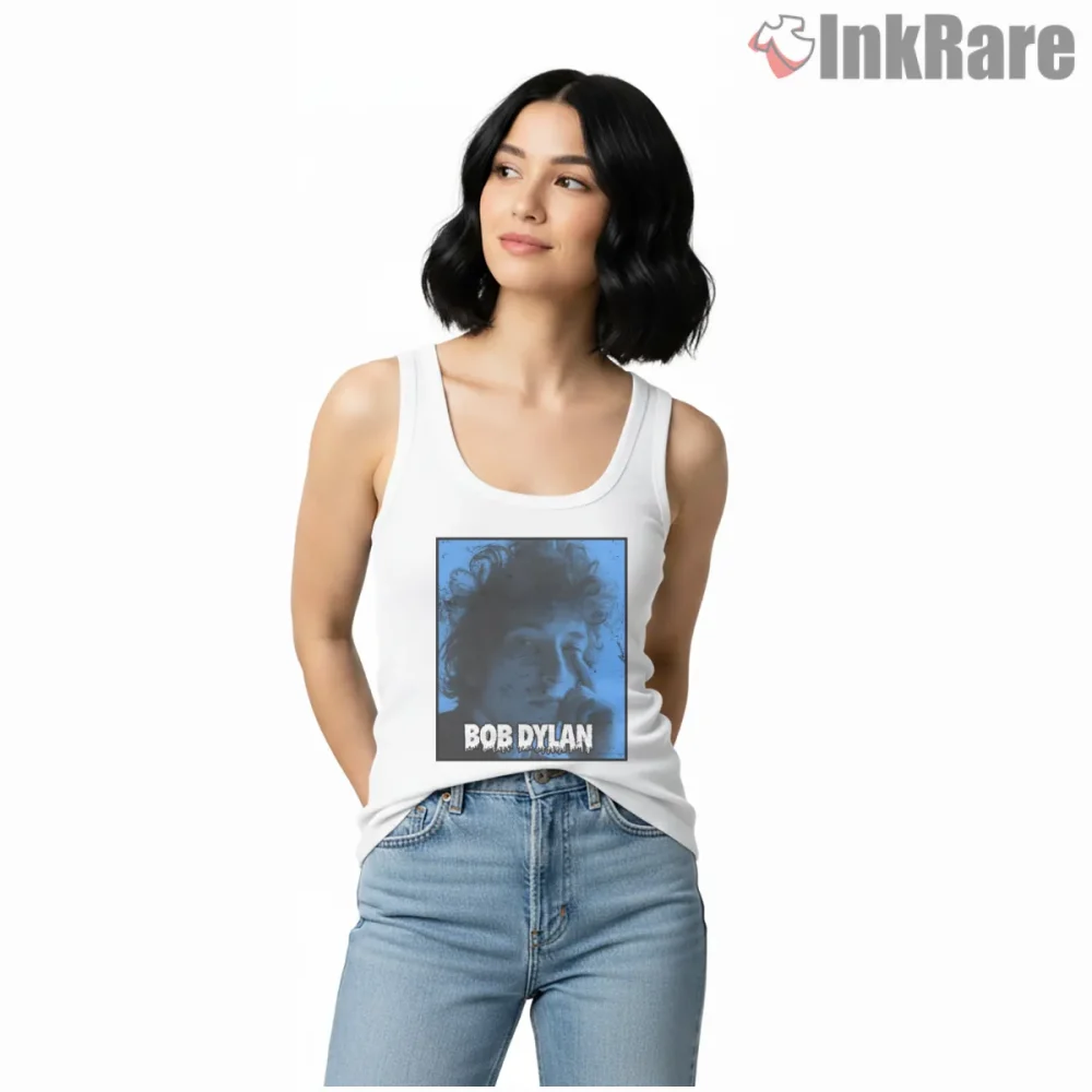 Bob Dylan Moody Blue Shadow Portrait Shirt on white tank top for women graphic tee