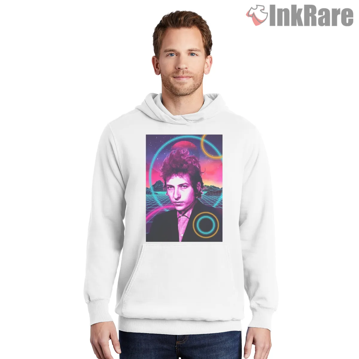 Bob Dylan Neon Eighties Synthwave Portrait Hoodie White Bob Dylan Neon Eighties Synthwave Portrait Shirt on white hoodie for men graphic tee