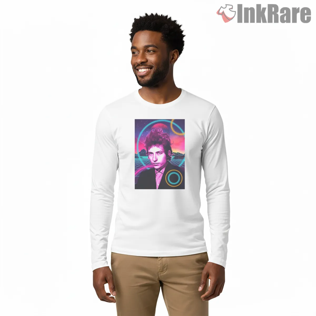 Bob Dylan Neon Eighties Synthwave Portrait Long Sleeve White Bob Dylan Neon Eighties Synthwave Portrait Shirt on white long sleeve shirt for men graphic tee