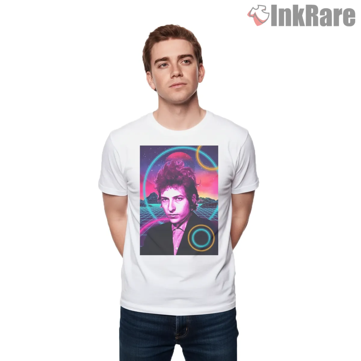 Bob Dylan Neon Eighties Synthwave Portrait Shirt on white short sleeve shirt for men graphic tee