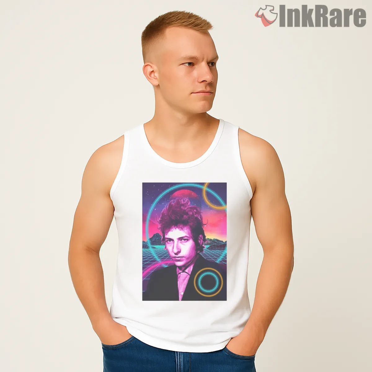 Bob Dylan Neon Eighties Synthwave Portrait Tank Top White Bob Dylan Neon Eighties Synthwave Portrait Shirt on white tank top for men graphic tee