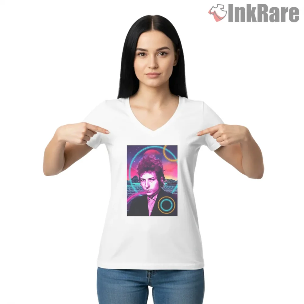 Bob Dylan Neon Eighties Synthwave Portrait Shirt on white v-neck shirt for women graphic tee