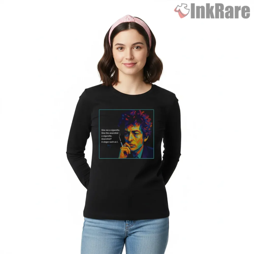 Bob Dylan Neon Pop Art Smoker Portrait Shirt on black long sleeve shirt for women graphic tee
