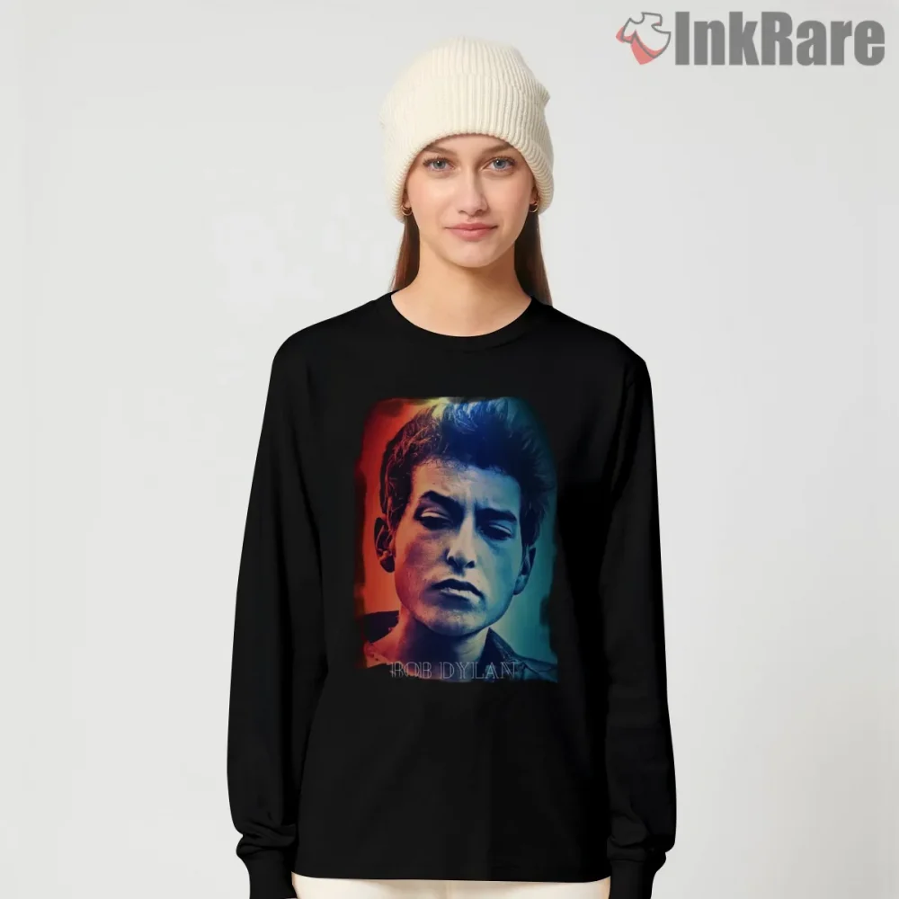 Bob Dylan Neon Vintage Portrait Shirt on black long sleeve shirt for women graphic tee