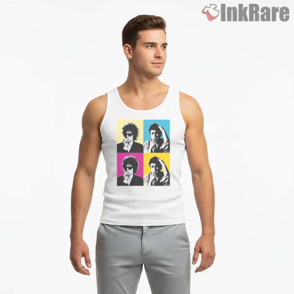 Bob Dylan Pop Art Four Panel Portrait Shirt on white tank top for men graphic tee