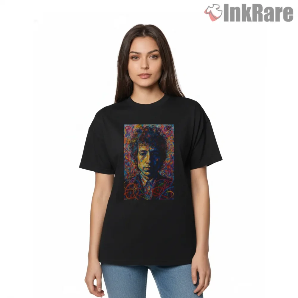 Bob Dylan Psychedelic Color Explosion Portrait Shirt on black short sleeve shirt for women graphic tee