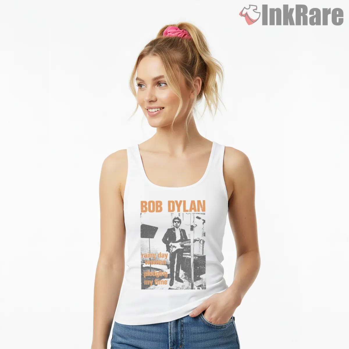 Bob Dylan Rainy Day Women Poster Style Shirt on white tank top for women graphic tee