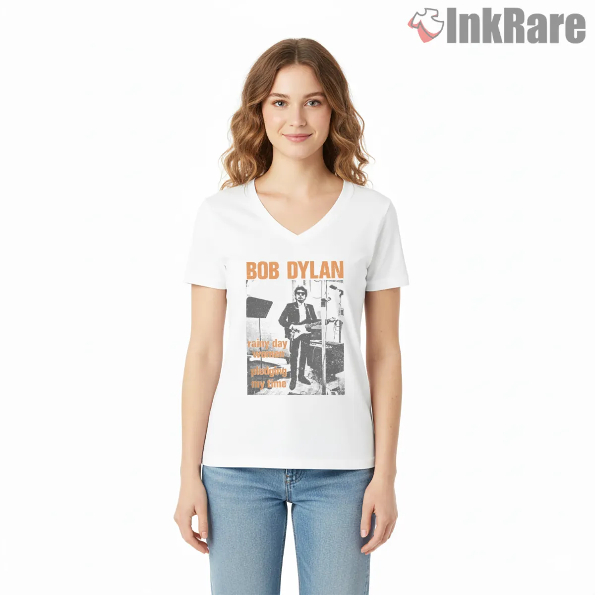 Bob Dylan Rainy Day Women Poster Style V Neck White Bob Dylan Rainy Day Women Poster Style Shirt on white v-neck shirt for women graphic tee