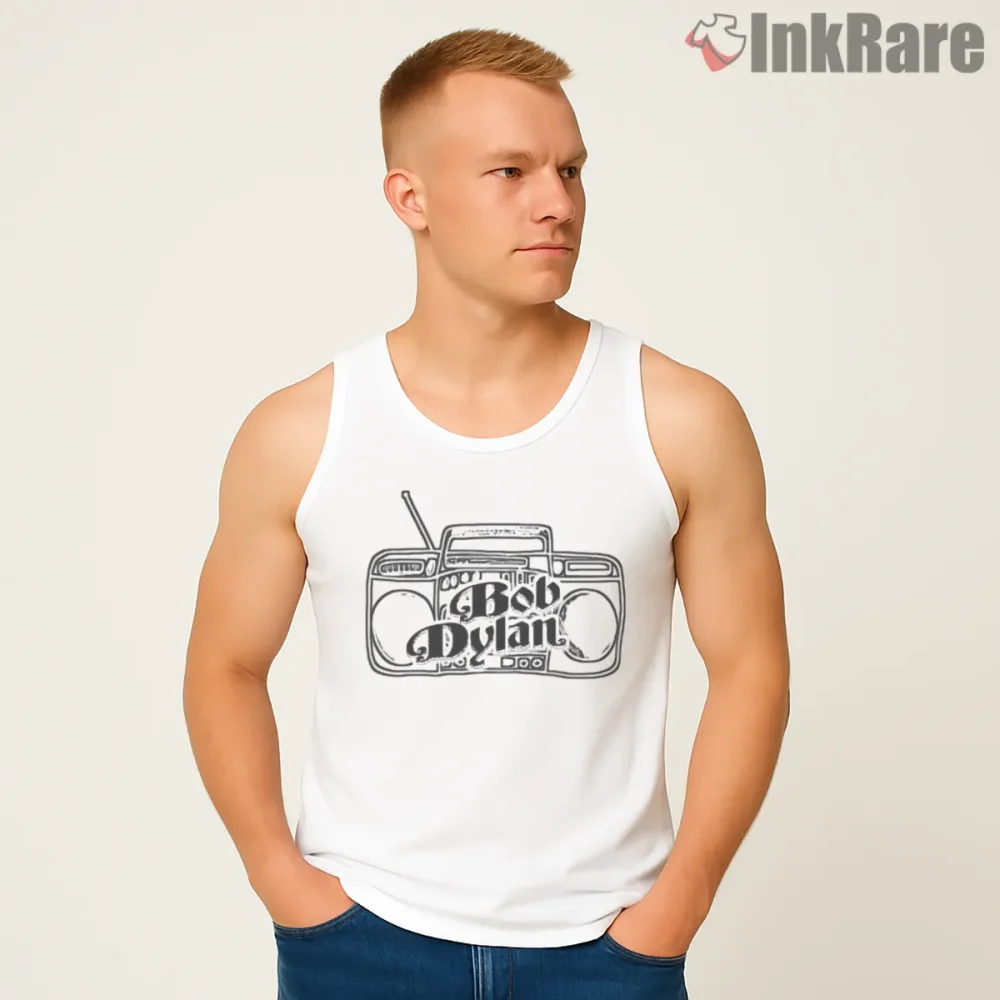 Bob Dylan Retro Boombox Street Graphic Shirt on white tank top for men graphic tee