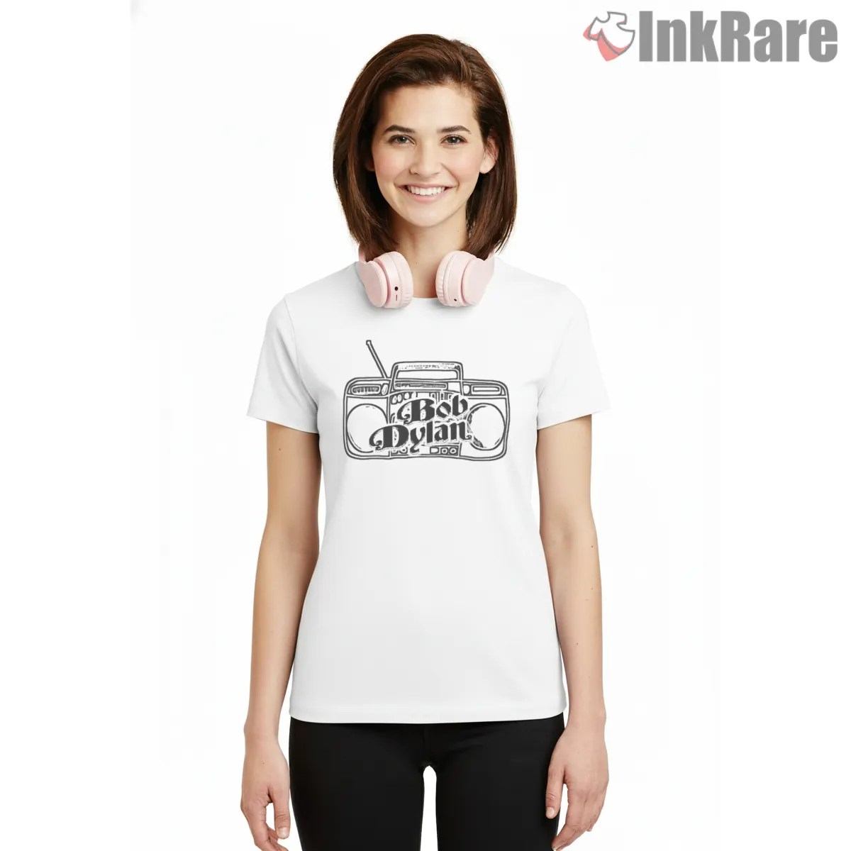 Bob Dylan Retro Boombox Street Graphic Short Sleeve White Bob Dylan Retro Boombox Street Graphic Shirt on white short sleeve shirt for women graphic tee