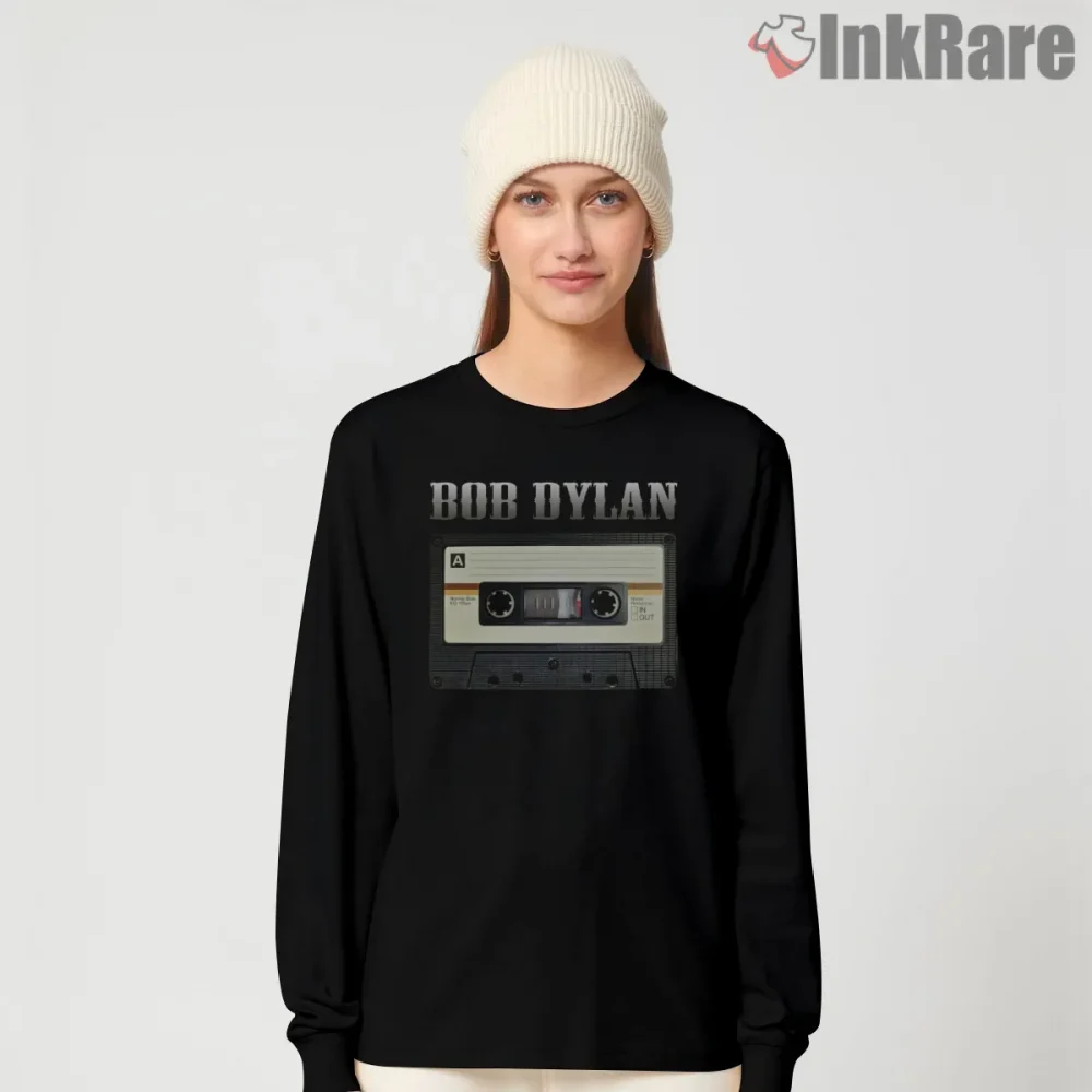 Bob Dylan Retro Cassette Mixtape Shirt on black long sleeve shirt for women graphic tee