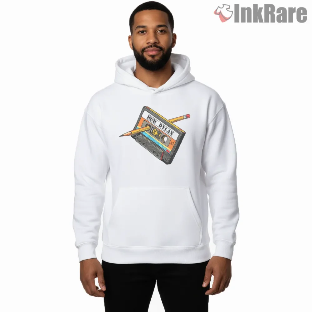 Bob Dylan Retro Cassette Tape Illustration Shirt on white hoodie for men graphic tee