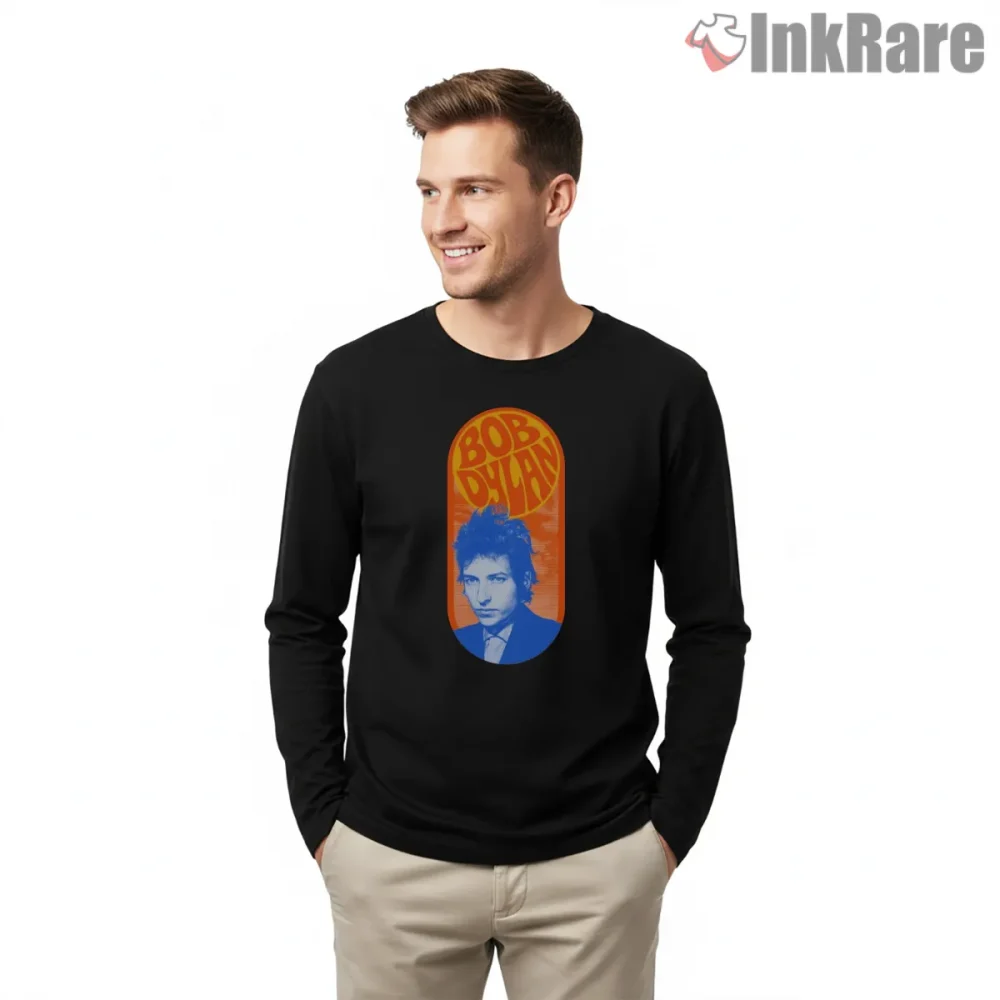 Bob Dylan Retro Orange Oval Graphic Shirt on black long sleeve shirt for men graphic tee