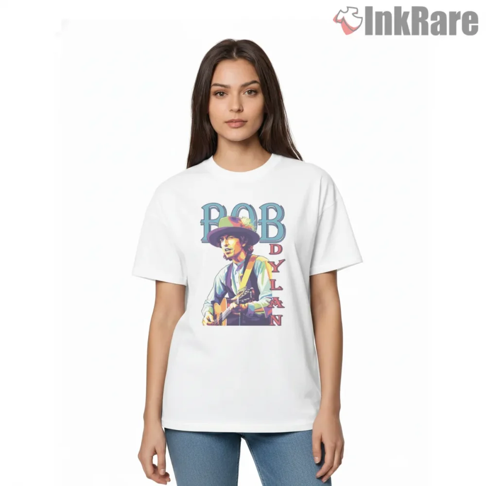 Bob Dylan Retro Pop Art Guitar Shirt on white short sleeve shirt for women graphic tee